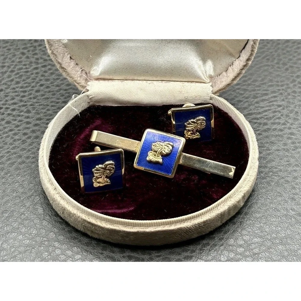 Vintage Knight Heraldic Soldier Blue Guilloche Enamel Cufflinks Tie Clip Set